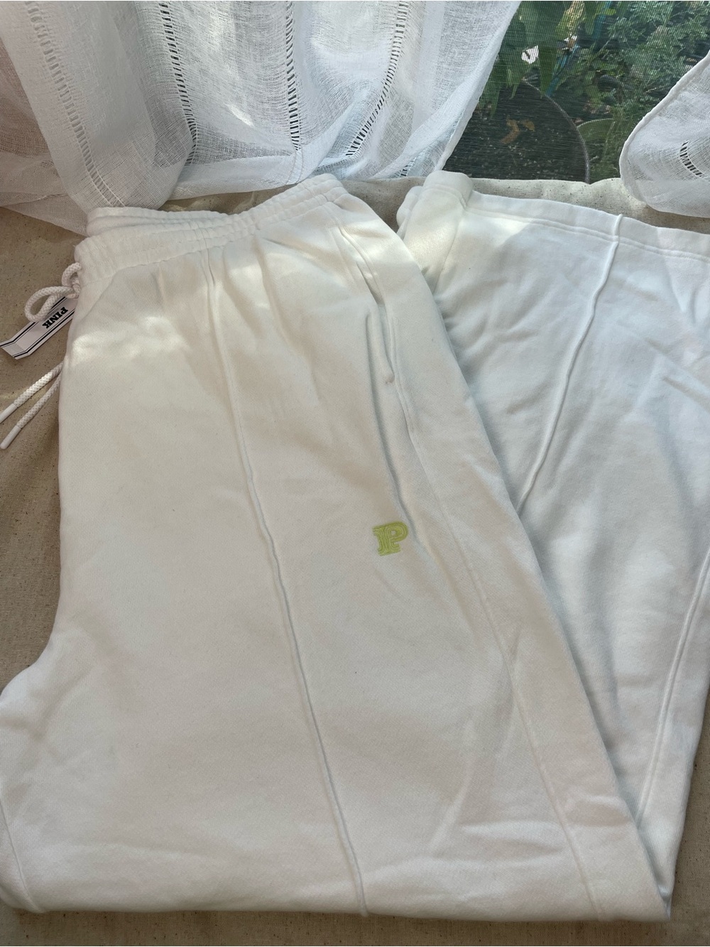 Victoria's Secret Kids White Sweatpants with Lime 'P' Accent